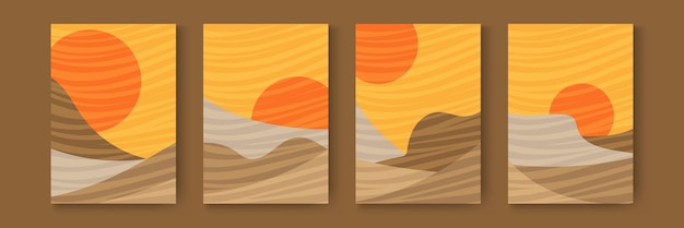 Set di carte di paesaggi astratti deserto paesaggi di natura selvaggia modello di silhouette bandiere verticali