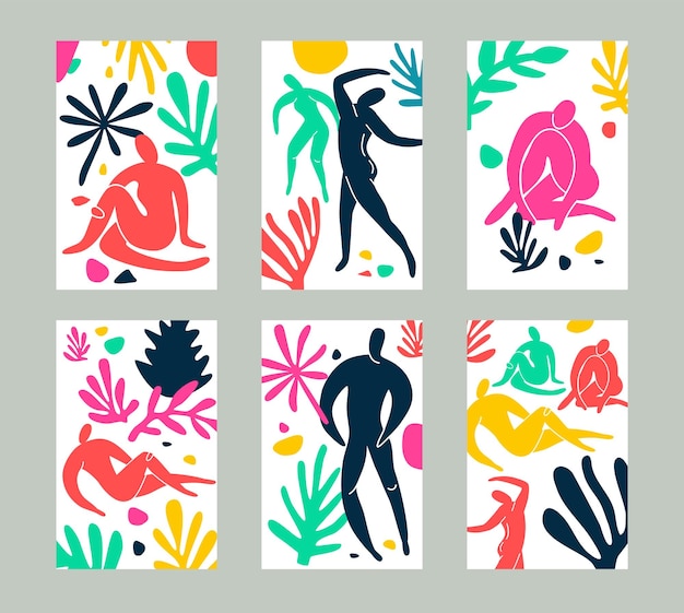 Vector set of card abstract people doodle and nature icons on isolated white background summer collection organic shapes in freehand matisse art style floral art