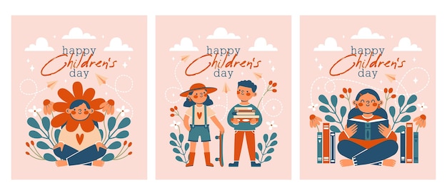 Vector set of card banner flyer template to world childrens day school boy girl skateboard books