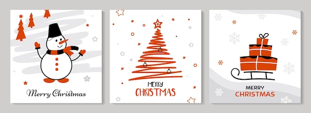 Set card Merry Christmas hand drawn Red and black Christmas trees snowman