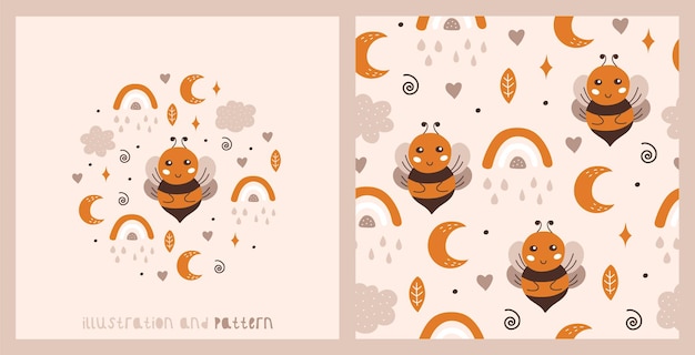 Set of card and seamless pattern with a cute bee rainbow moon clouds and stars  