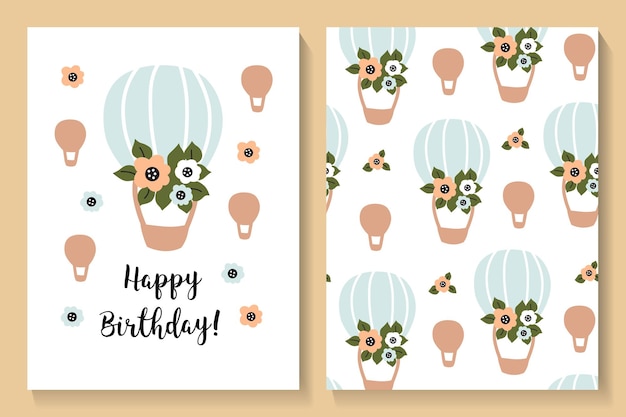 Set of card and seamless pattern with cute flowers and air balloon Vector illustrations