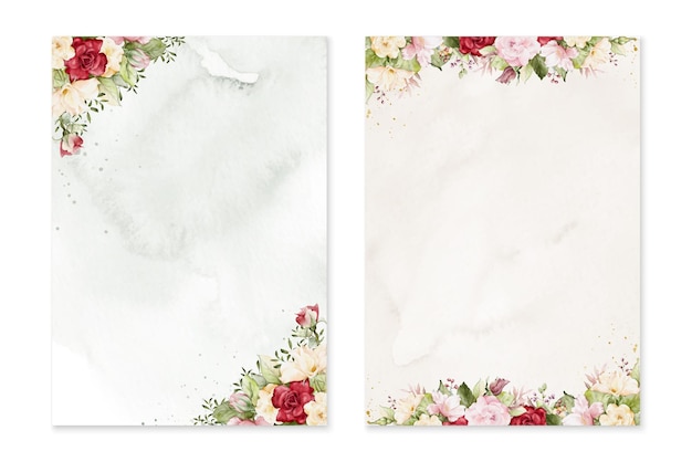 Set of card templates with watercolor colorful roses bouquets on stains