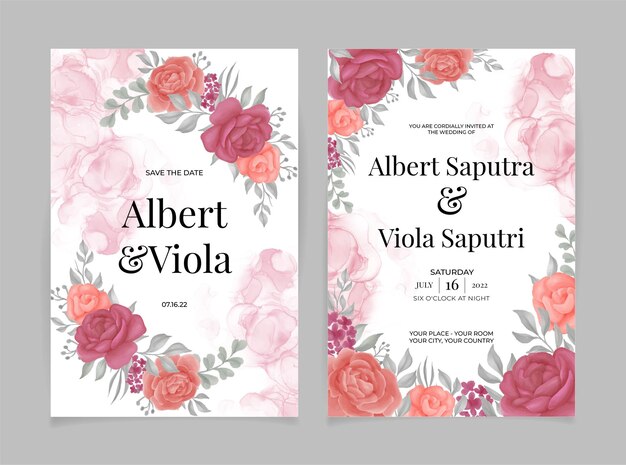 Insieme del modello dell'invito di nozze della carta con l'acquerello del fiore di rosa