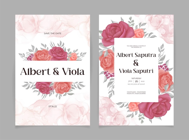 set of card wedding invitation template with rose flower watercolor