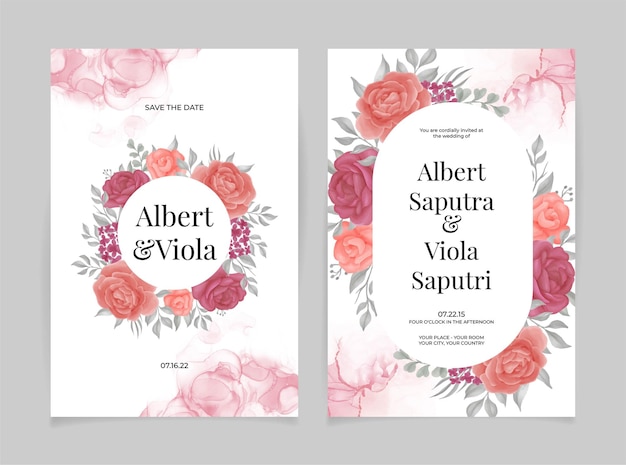 Set of card wedding invitation template with rose flower watercolor