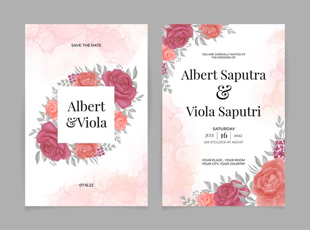 Insieme del modello dell'invito di nozze della carta con l'acquerello del fiore di rosa