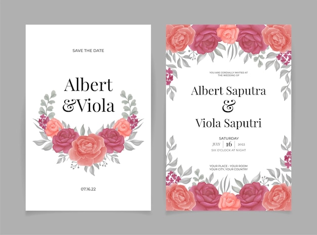 set of card wedding invitation template with rose flower watercolor