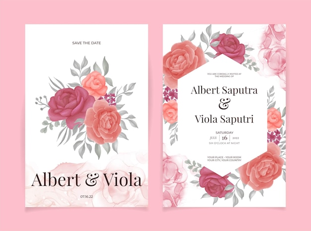 Insieme del modello dell'invito di nozze della carta con l'acquerello del fiore di rosa