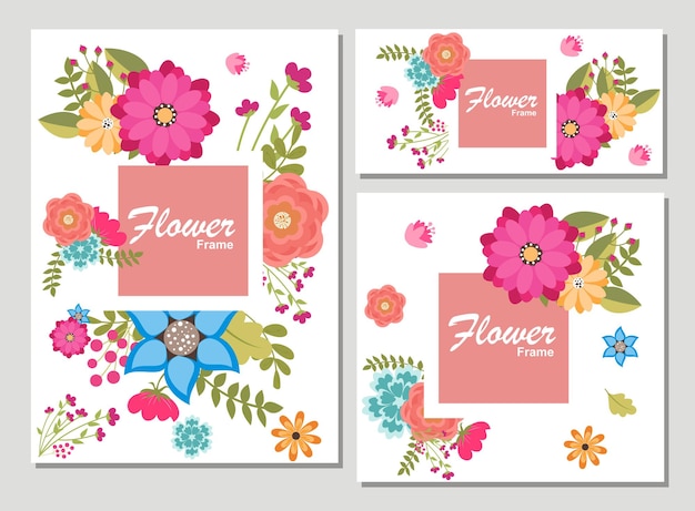 Set di carte con fiori di rosa, foglie. concetto di ornamento di nozze. poster floreale, invito. biglietto di auguri decorativo vettoriale o sfondo di disegno di invito