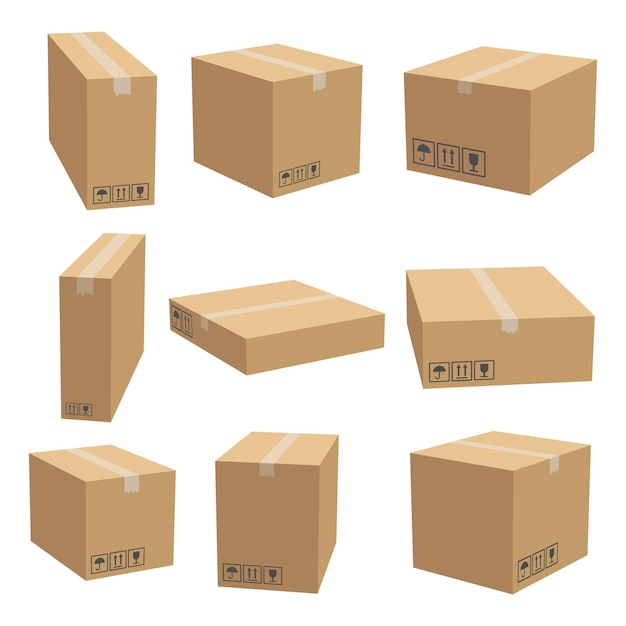 Set of cardboard box mockups Isolated on white background Vector carton packaging box images