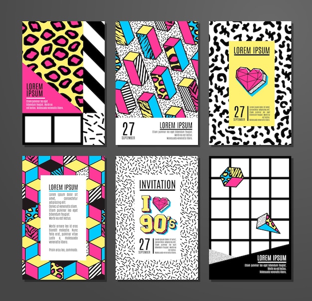 Vector set of cards and banners in 80s90s memphis style