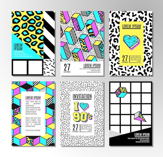 Vector set of cards and banners in 80s90s memphis style