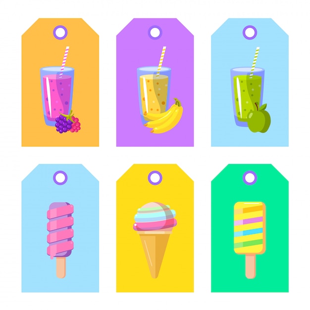 Set of cards banners tags package labels with cartoon ice cream and smoothies