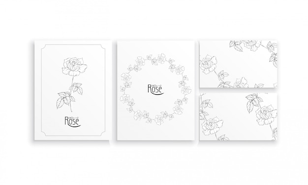 Set di carte e biglietti da visita con composizioni floreali grafiche con fiori di rose