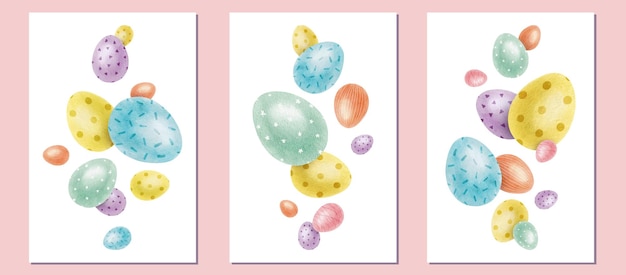 Set cards of cute easter eggs paschal concept with easter eggs with pastel colorswatercolor