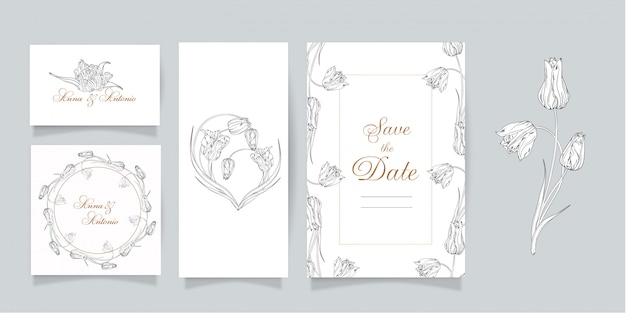 Set of cards and invitations with flowers. Spring flowers. Tulips.