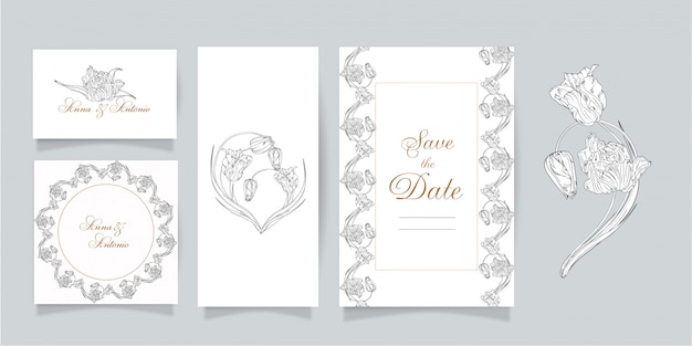 Set of cards and invitations with flowers. Spring flowers. Tulips