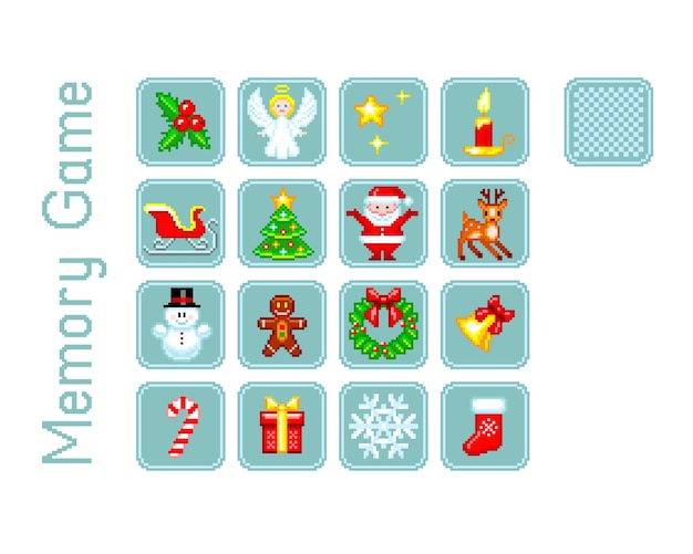 Set of cards for Memory game with Christmas elements in Pixel-Art style.