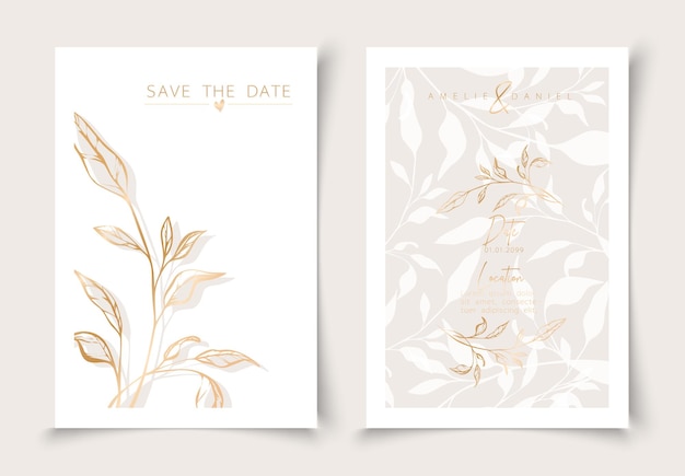set of cards minimal hand drawn branch elements in gold line art style