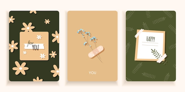 Set of cards in a minimal style and green colors with flowers hand drawn