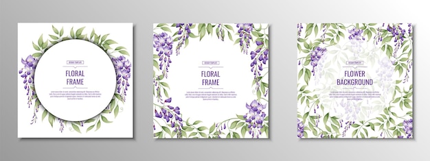 Set of cards posters banners with purple wisteria Wedding invitation Delicate purple flowers