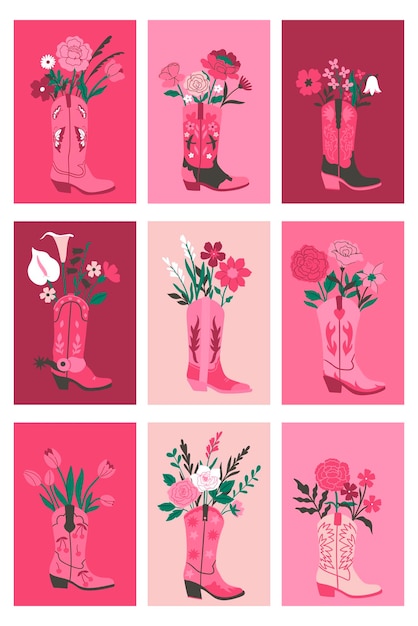 Set of cards or posters with bouquets of flowers in cowboy boots vector image