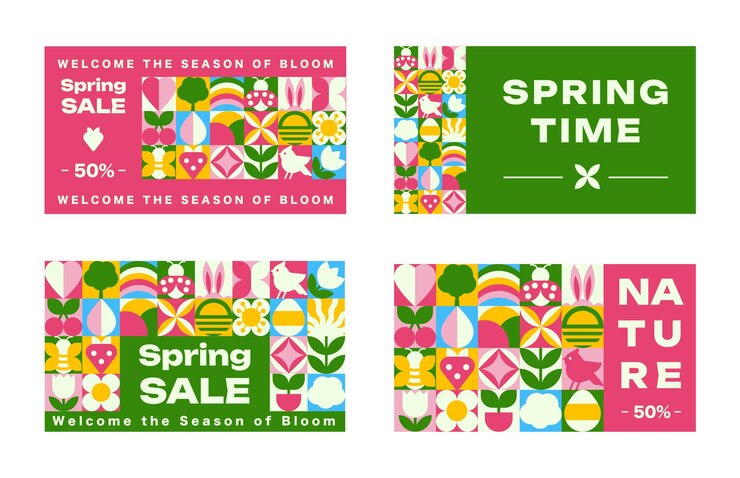 Vector the set of cards template with spring patterns and icons bauhaus geometric style