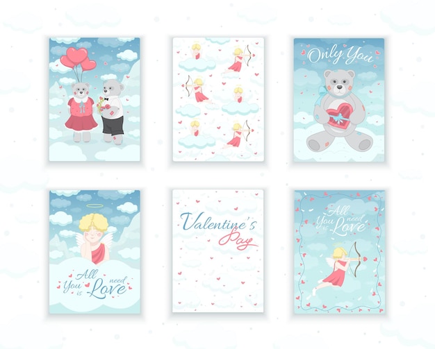 A set of cards for Valentine's Day Bears and cupids vector