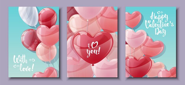 Vettore set di biglietti per il giorno di san valentino e il giorno della madre banner poster con palloncini su uno sfondo blu