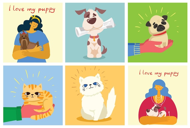 Set of cards with cats and dogs in the flat style