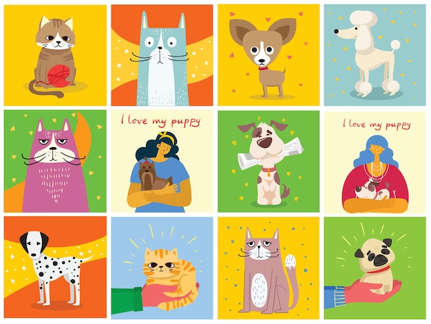 Set di carte con cani e gatti in stile piatto