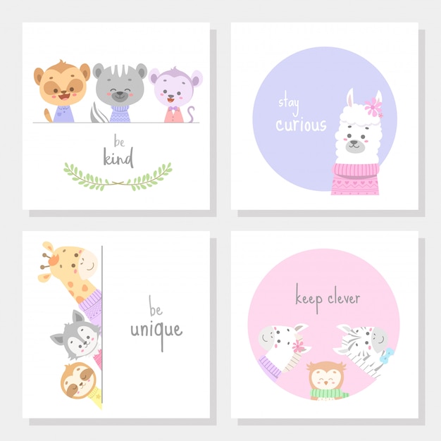 Set of cards with cute animal line art vector illustration