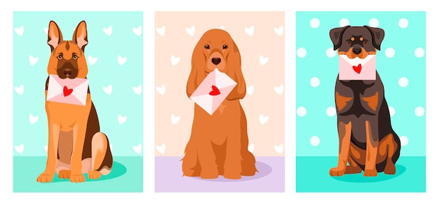 Vector a set of cards with cute dogs and envelopes. cartoon design.