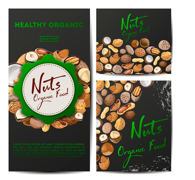 Set of  cards with different types nuts.