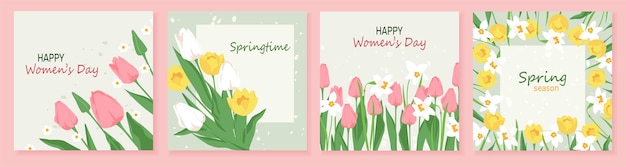 Set of cards with early spring garden flowers Frame with blooming tulips and daffodils Vector temp