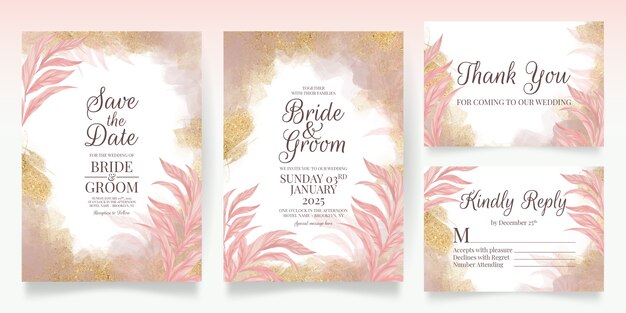 set cards with floral decoration pink wedding invitation template design glitter leaves