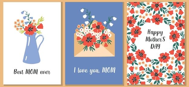 Vettore un set di carte con fiori e una lettera che dice ti amo.