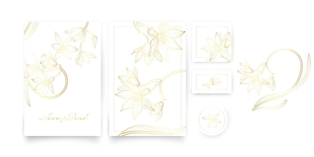 金の花飾りのカードのセット。ロマンチックなセット