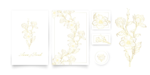 Un set di carte con un ornamento floreale in oro. set romantico