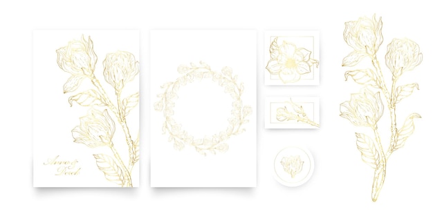 Un set di carte con un ornamento floreale in oro. set romantico