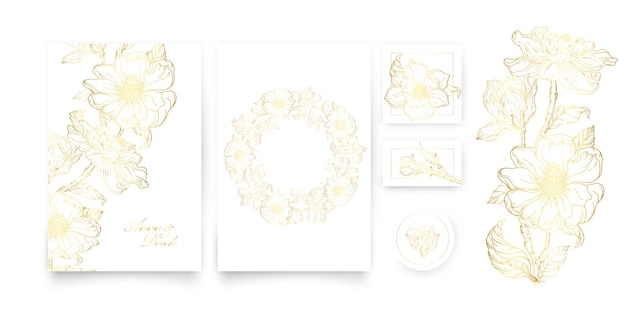 Un set di carte con un ornamento floreale in oro. set romantico