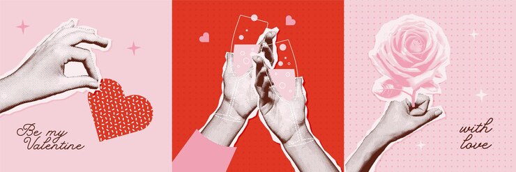 Vector set of cards with hands in halftone for valentines day collage style woman hands holding halftone