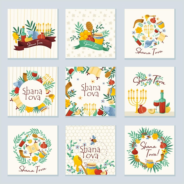 Set of cards with main symbols of jewish traditional holiday shana tovah or new year jar with honey cells bees apples garnets flowers bottles menorah vector illustration on beige background