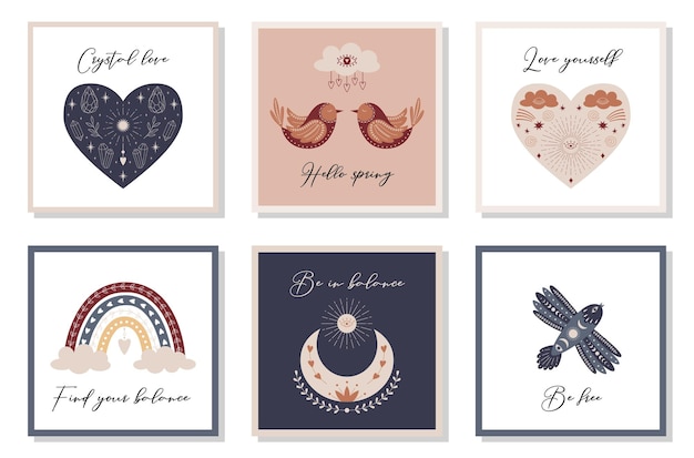 A set of cards with mystical mysterious boho celestial elements Square posters with motivating inspiring inscriptions and hearts birds rainbow crescent moon crystals Vector illustration