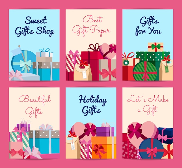 set of cards with piles of gift boxes with place for text. Gift box card for holiday christmas 