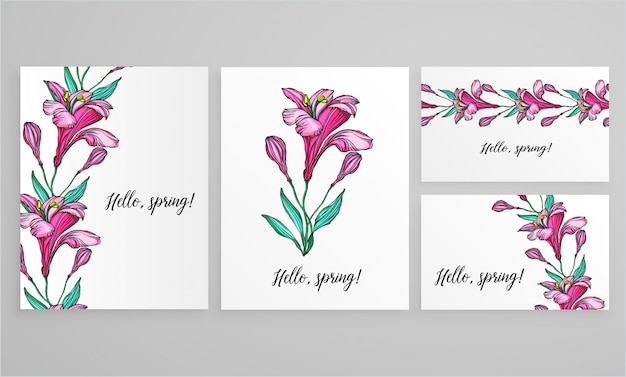 Set of cards with pink flowers