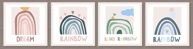 Set of cards with Rainbow and sun in boho style