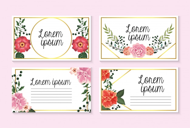 Vector set cards with roses and flowers with branches leaves