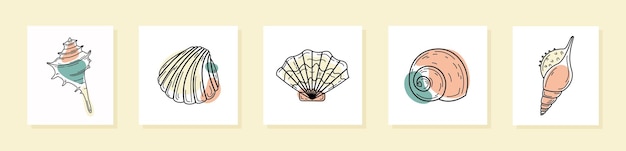 Set of cards with seashells shells silhouettes with abstract geometric shapes marine print